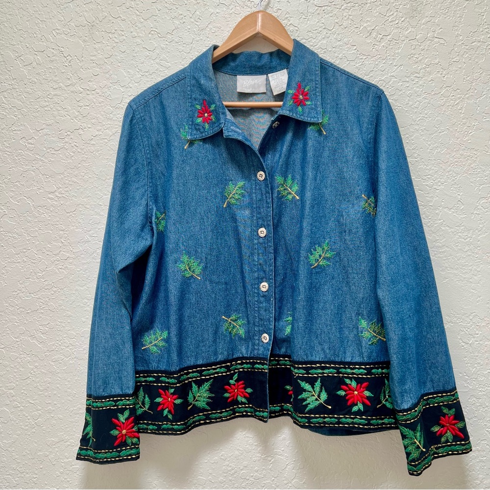 VTG Blair Denim Jean Jacket Embroidered Poinsettia Christmas Holiday Festive